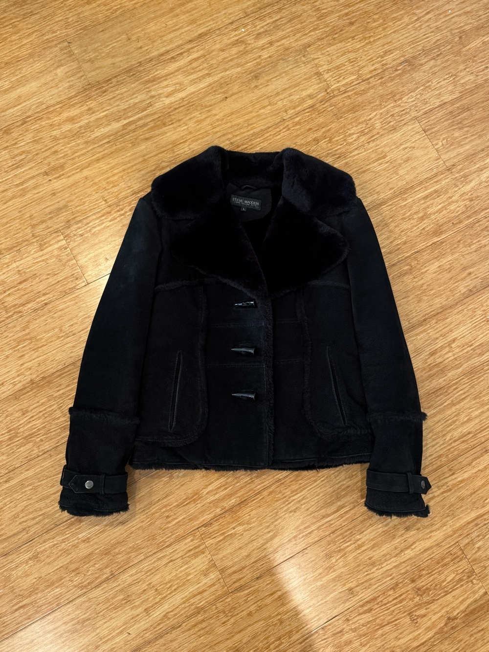 Vintage Steve Madden Long Island City black suede faux fur coat